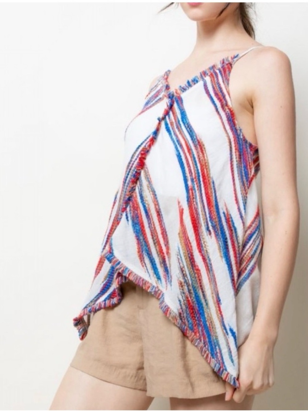 THML Cream Knit Top with Red and Blue Accent Fringe